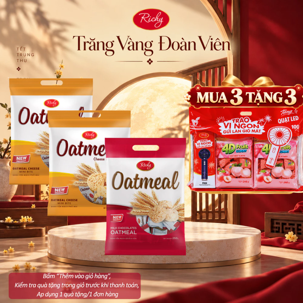 [HỎA TỐC HN] [MUA 3 TẶNG 3 QUÀ] Combo 3 Túi Bánh Yến Mạch Richy Oatmilk Mini Bite Túi 220-250gr
