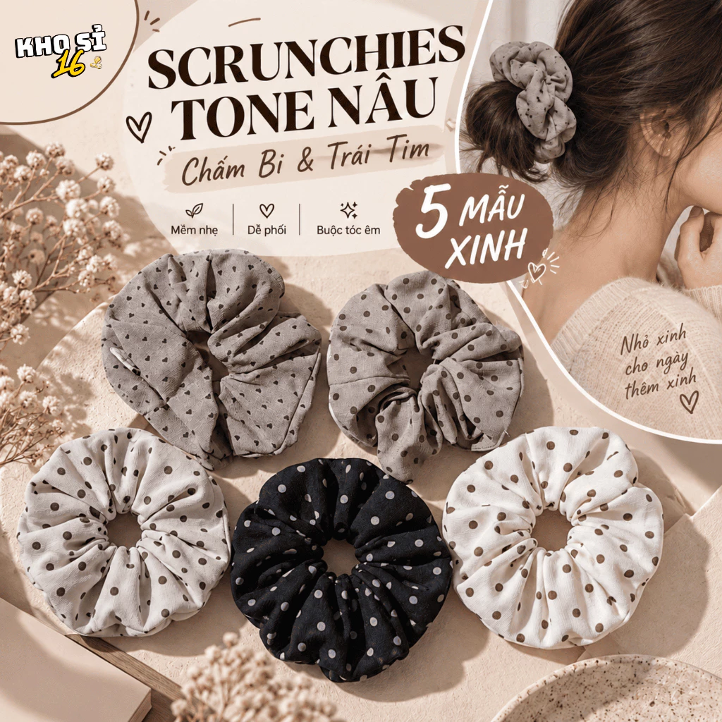 Scrunchies Nữ Họa Tiết Chấm Bi Bản To Dây Buộc Tóc Vải Mềm Nữ Tính Đi Học Đi Chơi_khosi16-SC11
