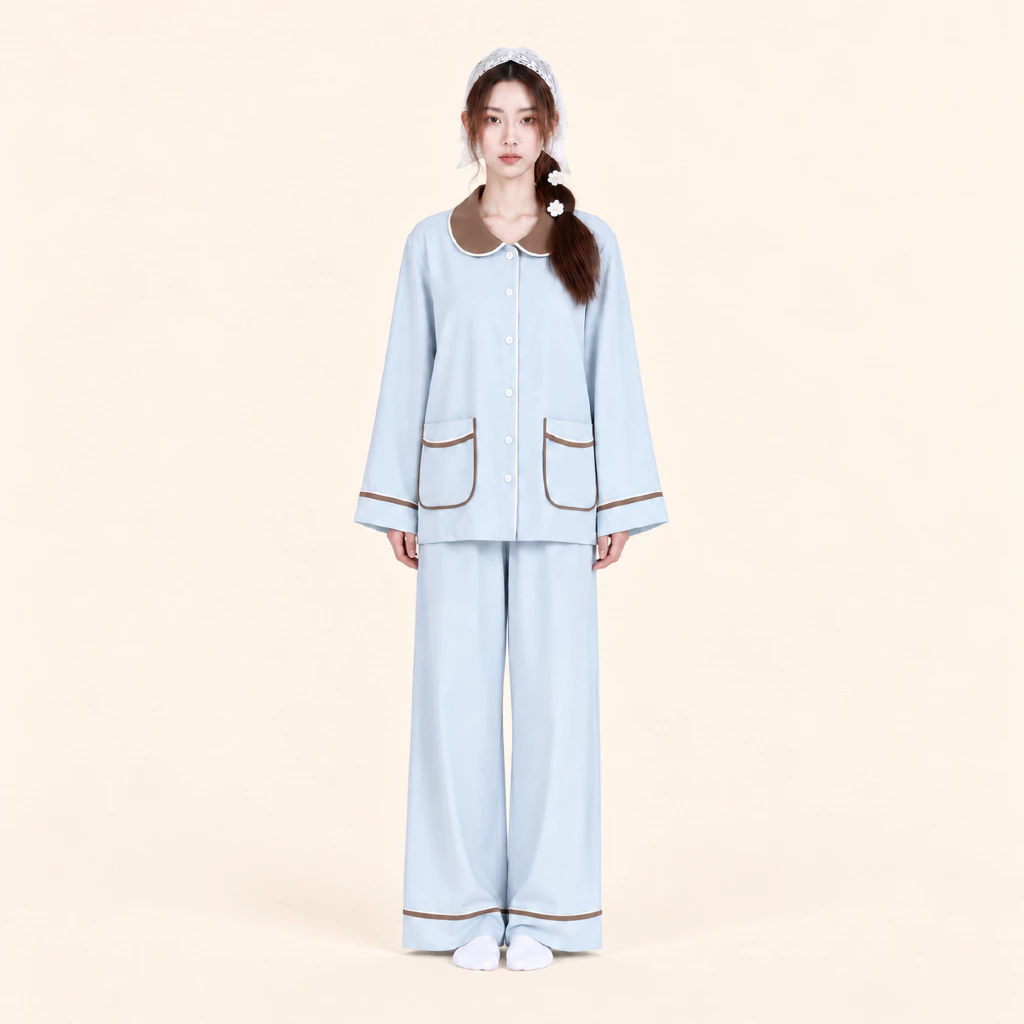 [ Fit to sleep ] DOVE – Bộ Pijama Nữ Dài Tay Xanh Pastel, Quần Dài Form Rộng, Đồ Ngủ Nữ Phong Cách Hàn Quốc