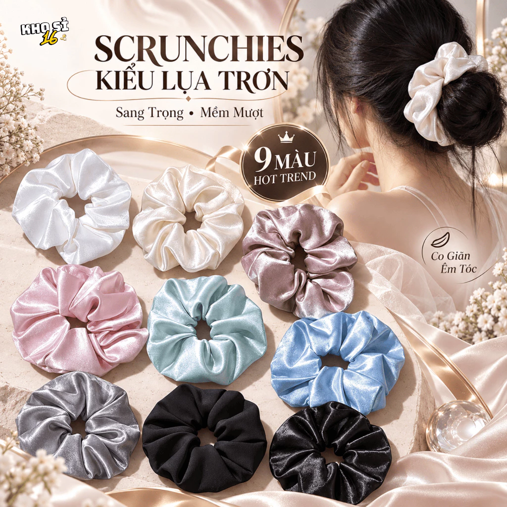 Scrunchies Nữ Vải Satin Bản To Màu Trơn Dây Buộc Tóc Mềm Mại Sang Trọng Đi Làm Đi Chơi_khosi16-SC12