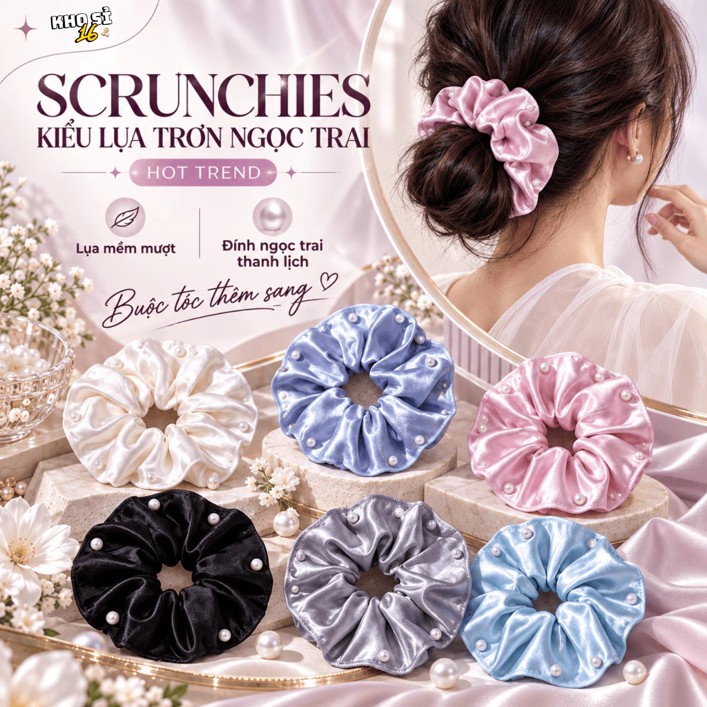 Scrunchies Đính Ngọc Trai Nữ Bản To Vải Satin Bóng Dây Buộc Tóc Thanh Lịch Sang Trọng _khosi16-SC13