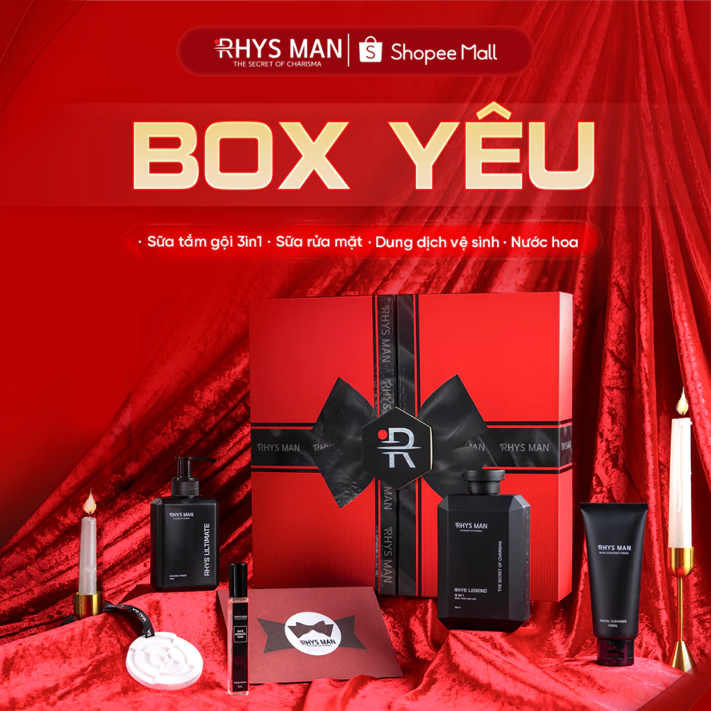 Quà tặng Valentine - Sữa tắm gội 3in1 350ml & Sữa rửa mặt 100ml & Dung dịch vệ sinh 120ml & Nước hoa nam 10ml RHYS MAN