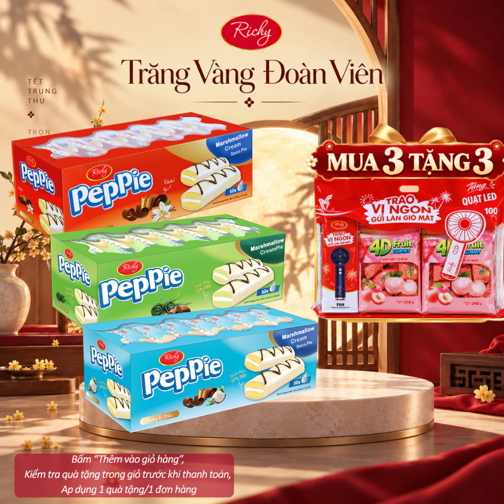 [HỎA TỐC HN] [MUA 3 TẶNG 3 QUÀ] Combo 3 Khay Bánh Richy Peppie 360g Vị Vani Cốm, Vị Lá Dứa & Vị Dừa