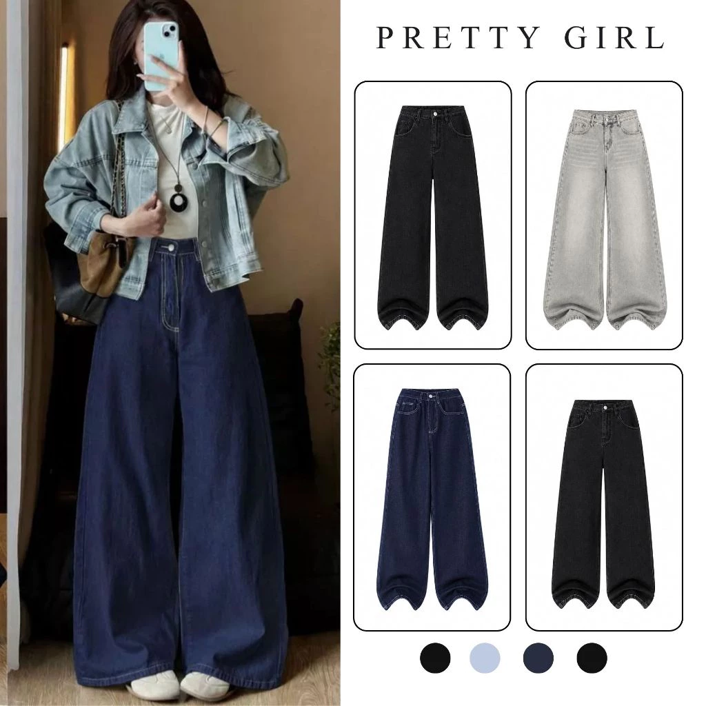 Quần Jean Ống Rộng Unisex Pretty Girl, Cạp Cao Tôn Dáng, Form Suông Đứng Nhiều Màu