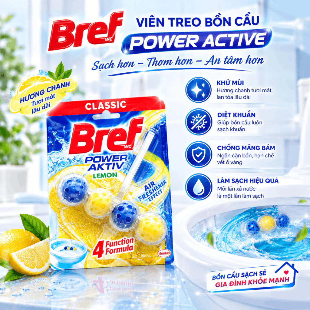 Viên treo bồn cầu Bref Power Active 50g khử mùi diệt khuẩn chống mảng bám bồn cầu