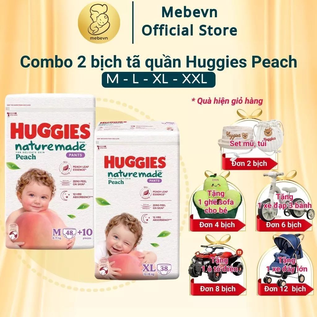 [QUÀ XỊN] Combo 2 bịch tã quần Huggies Nature Made Peach, bỉm Huggies đào chính hãng siêu mỏng,