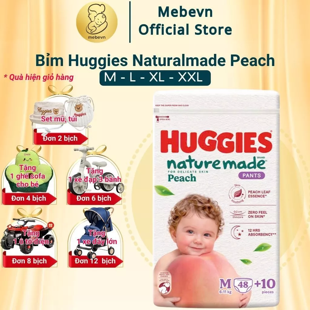 [QUÀ XỊN] Tã quần Huggies Nature Made Peach, bỉm Huggies đào chính hãng cao cấp, mỏng, thấm hút tốt