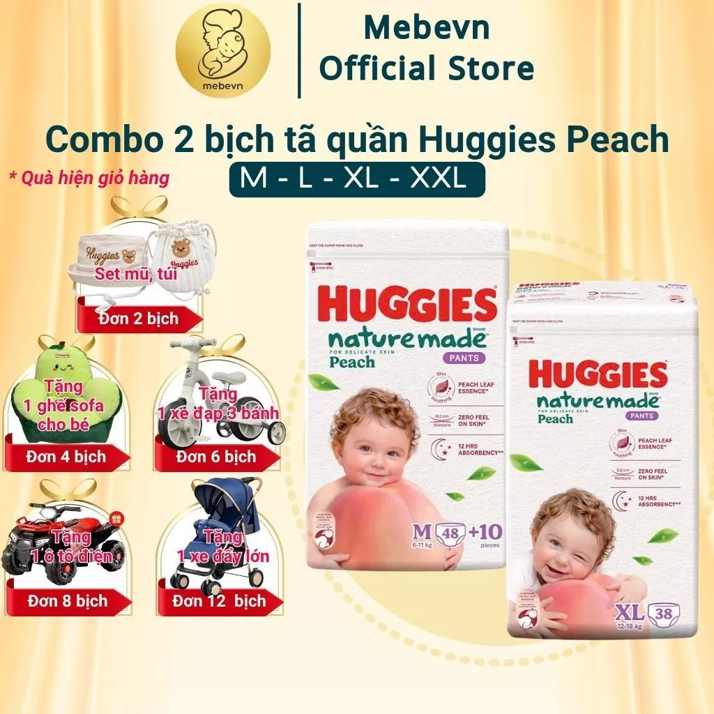 [SVIP] Combo 2 bịch tã quần Huggies Peach Naturalmade, bỉm Huggies đào siêu mỏng, khóa ẩm nhanh.