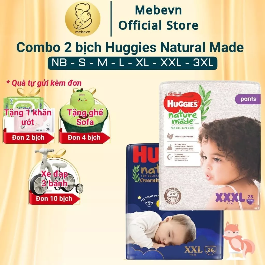 [COMBO 2 BỊCH] Bỉm HUGGIES NATURE MADE size M58/L44/XL 38/XXL26/S82/NB60