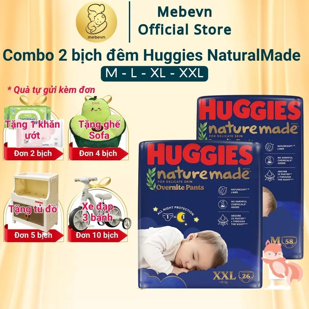 Combo 2 bịch bỉm đêm huggies, bỉm đêm huggies natural made siêu thấm hút và mềm mại