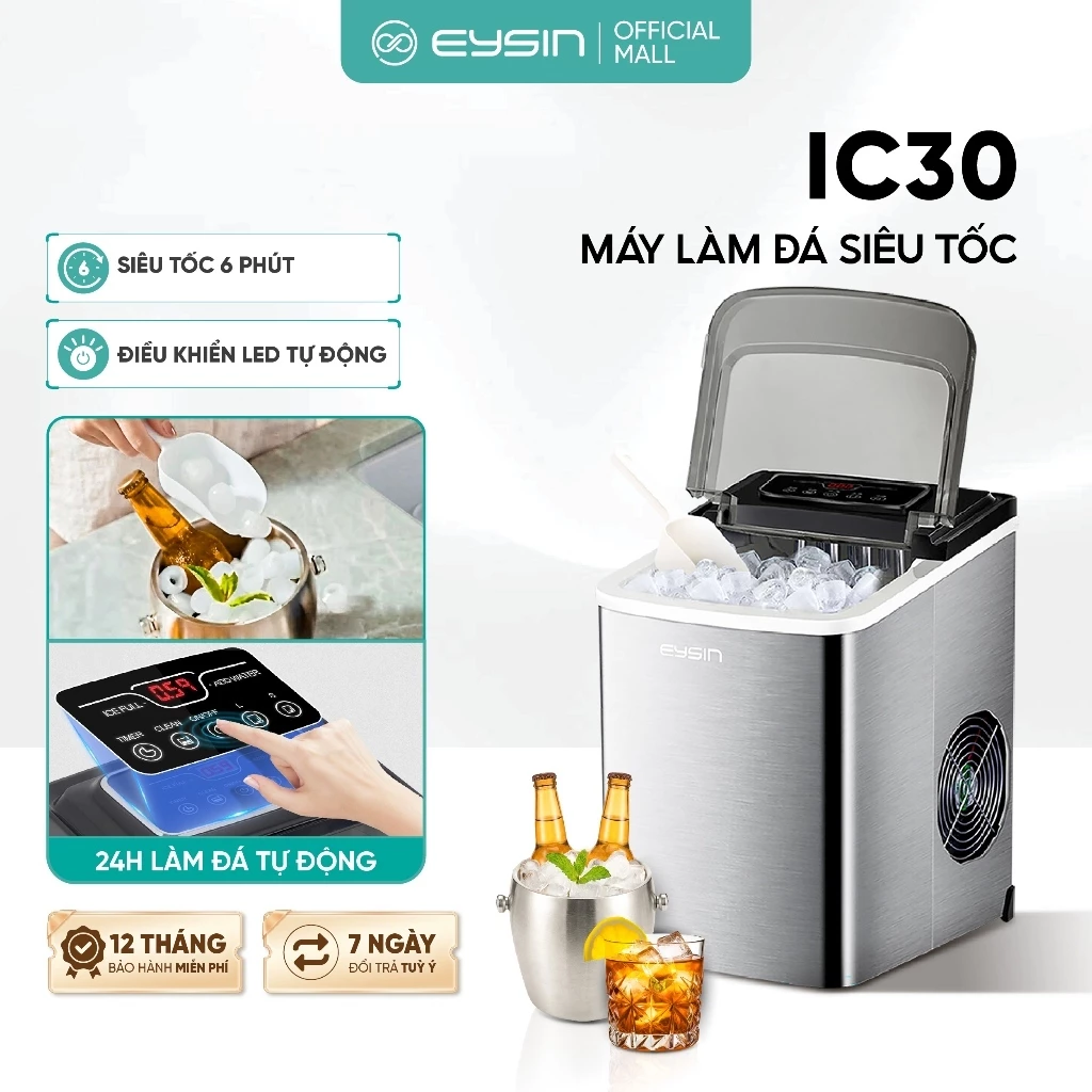 Máy Làm Đá EYSIN IC30 Làm Đá Viên Tự Động, Màn Hình Đếm Ngược, Hẹn Giờ Làm Đá, Chế Độ Tự Làm Sạch