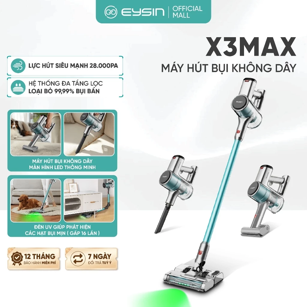 Máy hút bụi không dây Eysin X3MAX, Tia Sáng Xanh, Lực Hút 28k PA, Trọng Lượng 3.2kg