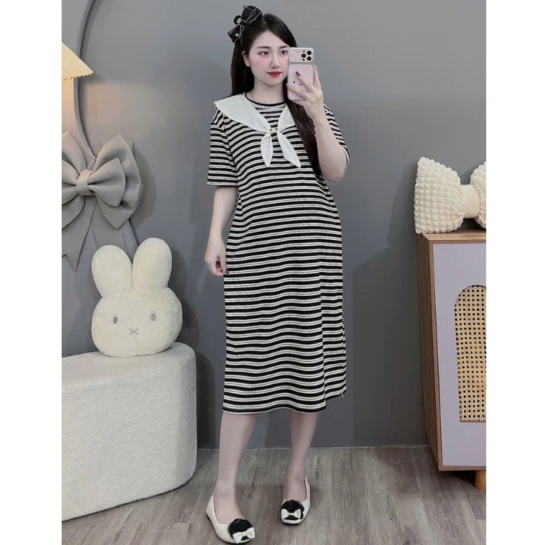 Đủ size đến 100kg-Váy bầu,đầm bầu bigsize chất cotton đính nơ ngọc,chân váy phối voan xinh xắn