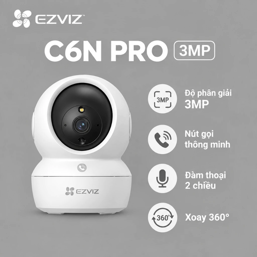 (QUÀ TẶNG đon cam+ thẻ)Camera wifi Trong Nhà Ezviz C6N PRO 3MP Màu Đêm,Có Nút Gọi,Hỗ Trợ Đàm Thoại