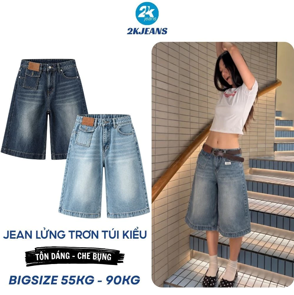 [DEAL SỐC] Quần Jean Lửng Trơn Ống Rộng Túi Kiểu Trước Dài 64cm Bigsize 55-90kg 2KJEANS