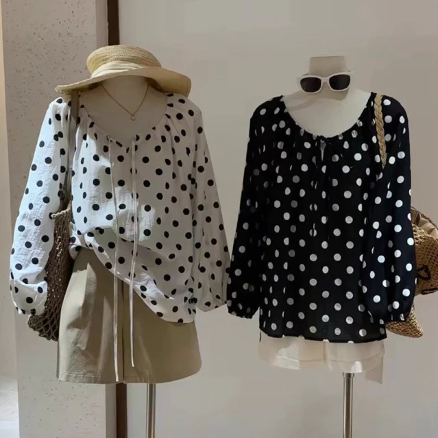 A28-[SANSAN]-Áo Chấm Bi Cổ Xếp Ly Buộc Dây Oversize-Nhẹ Nhàng, Vintage-Hottrend