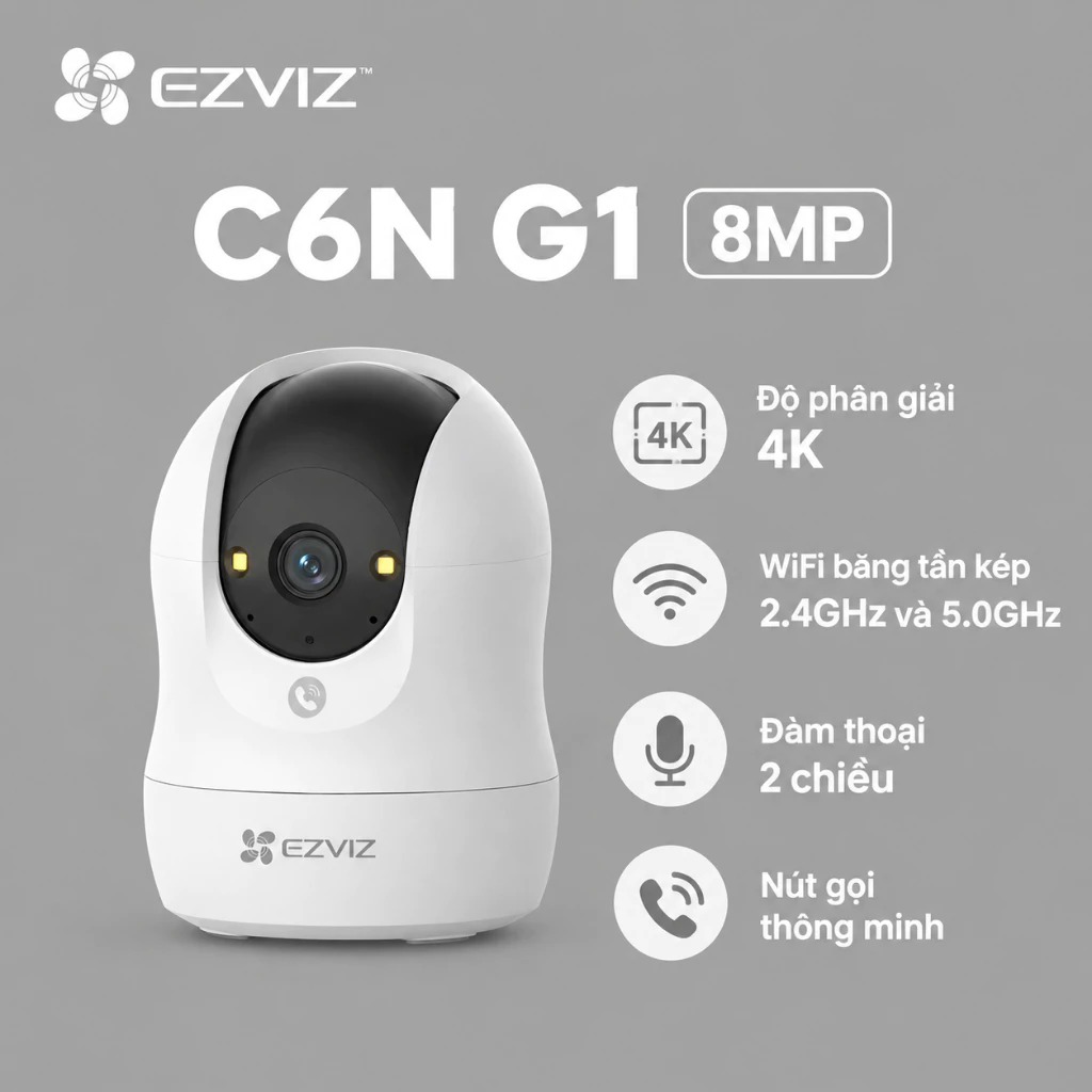 (QUÀ TẶNG đơn cam+thẻ)Camera 1 Mắt EZVIZ C6N G1 8MP/C6N 3MP Xoay 360° WiFi Trong Nhà Hình Ảnh 4K