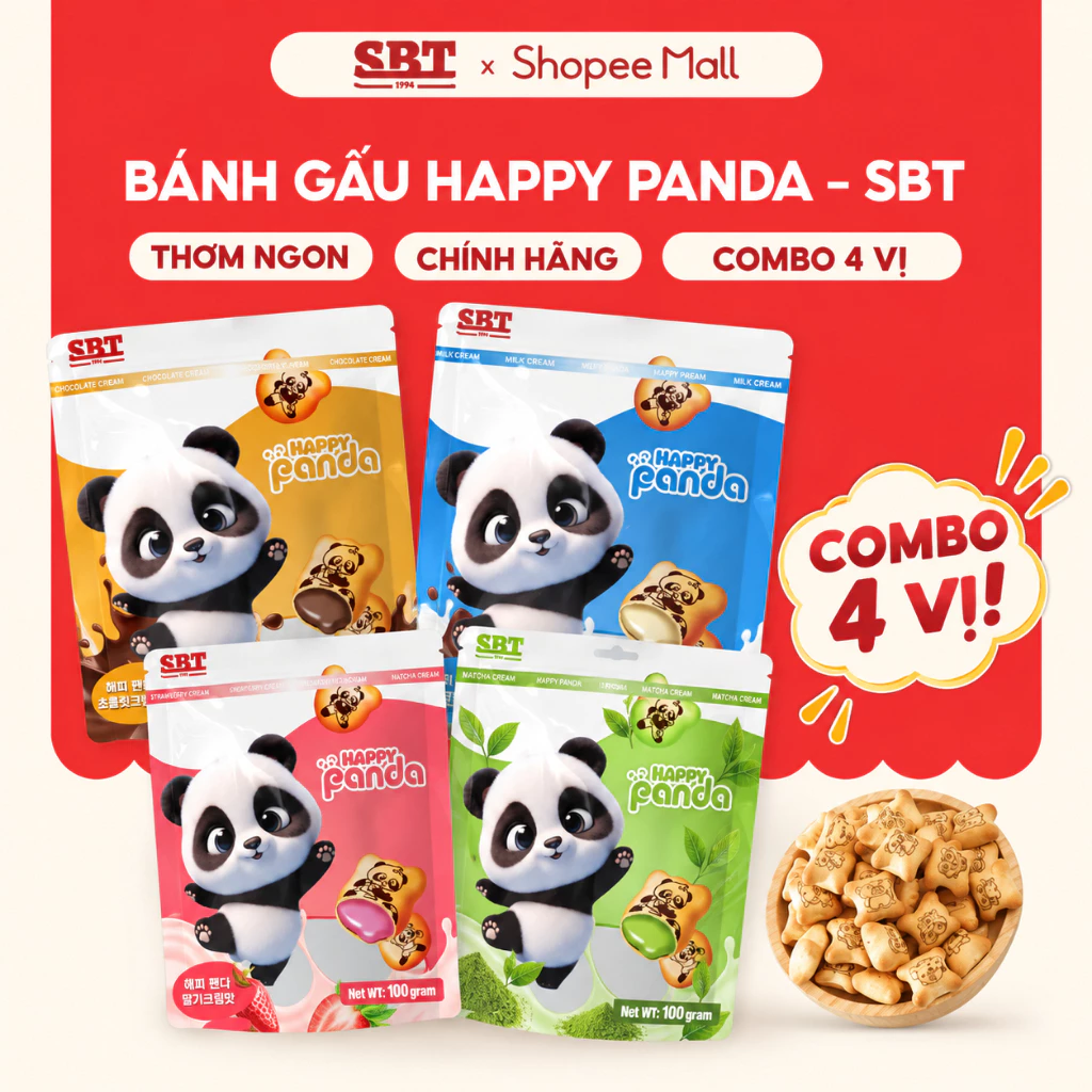 Set Bánh Gấu Happy Pandas SBT Gói 100g Vị Kem Sữa, Socola, Dâu Thơm Ngon - Bánh Kẹo SBT