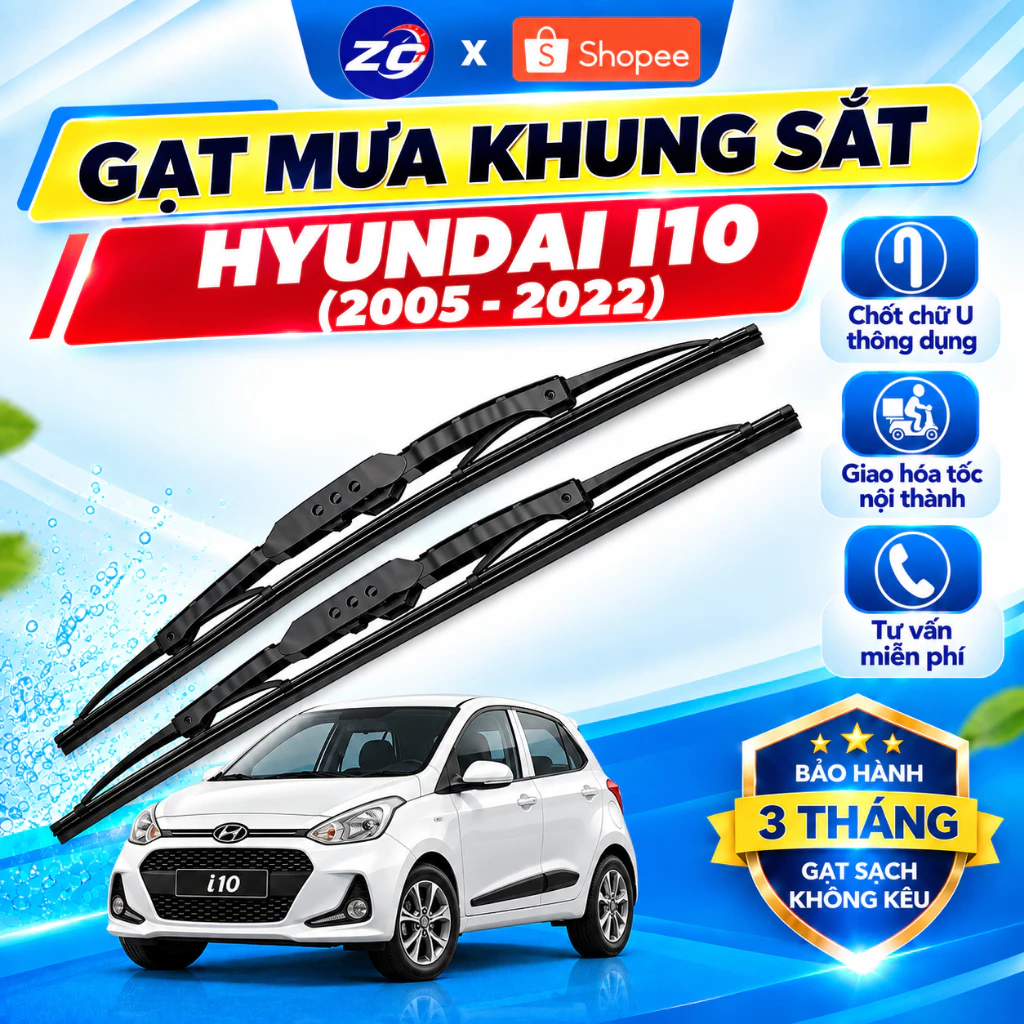 Cần gạt mưa xe Hyundai I10 (2005-2022) khung xương,Gạt Mưa Khung Sắt Ô Tô Lưỡi Sillicon Gạt Sạch Gạt Êm