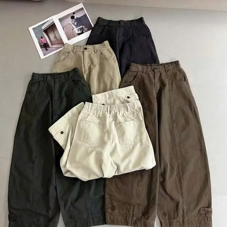 [ Mở Bán M105] Quần kaki nữ ống rộng chất kaki Nhật thiết kế cạp trước lung chun sau cá khuy gấu