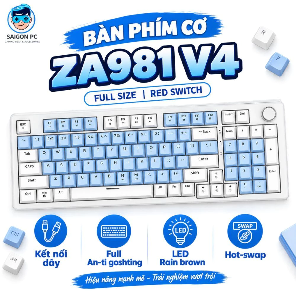 Bàn phím cơ full size ATAS ZA981 V4 - Hotswap - Red switch - Led Rainbown - Núm xoay - Chuẩn Type-C