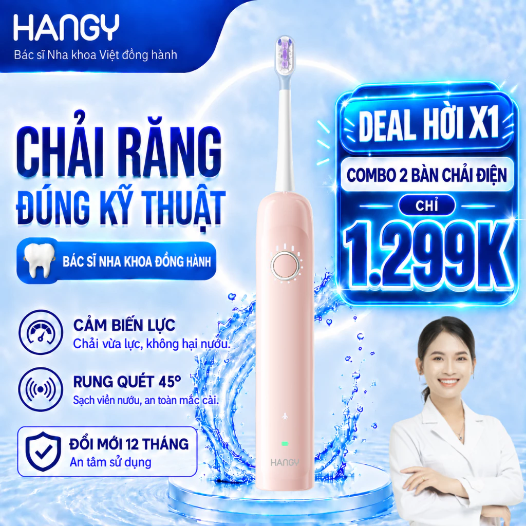 Bàn Chải Điện HANGY X1 - Rung & Quét 45 Độ - Bù Lực Thông Minh, Bảo Vệ Nướu - Đổi mới 12 tháng
