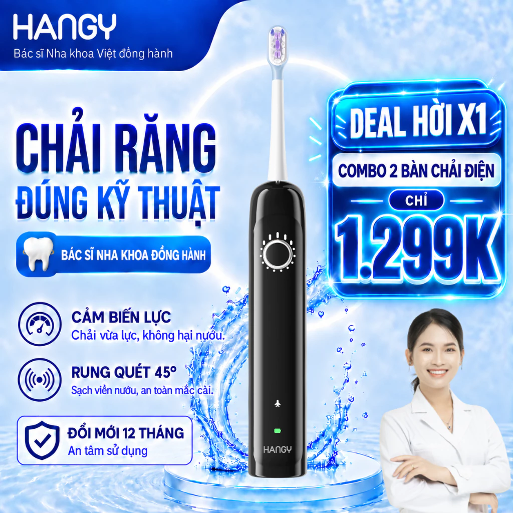 Bàn chải điện HANGY X1 - Động cơ Servo thông minh, Quét rung 45 độ - Cảm biến Nhấc là tỉnh