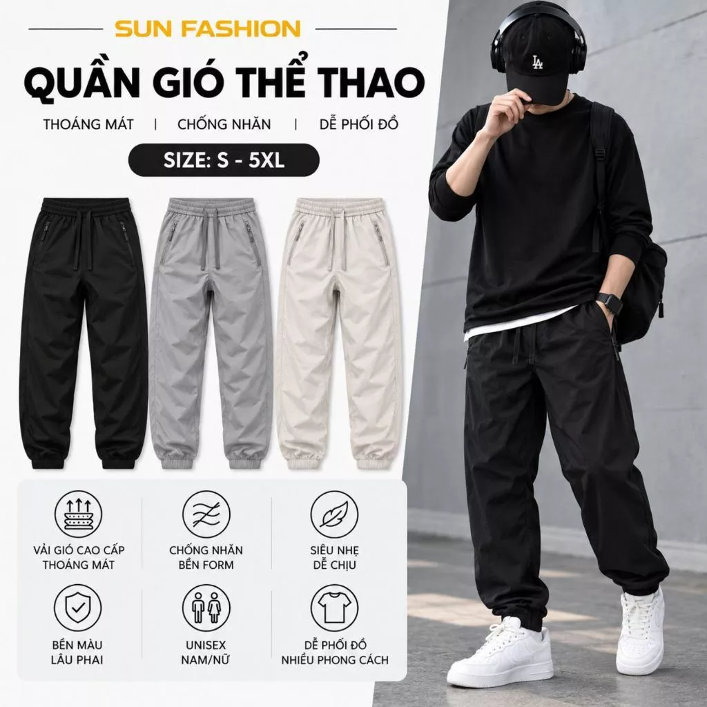Quần Gió C2 nam, nữ thiết kế cạp chun SUN màu basic, năng động, dễ phối, vải mềm mịn thoải mái hoạt động Ong Menswear