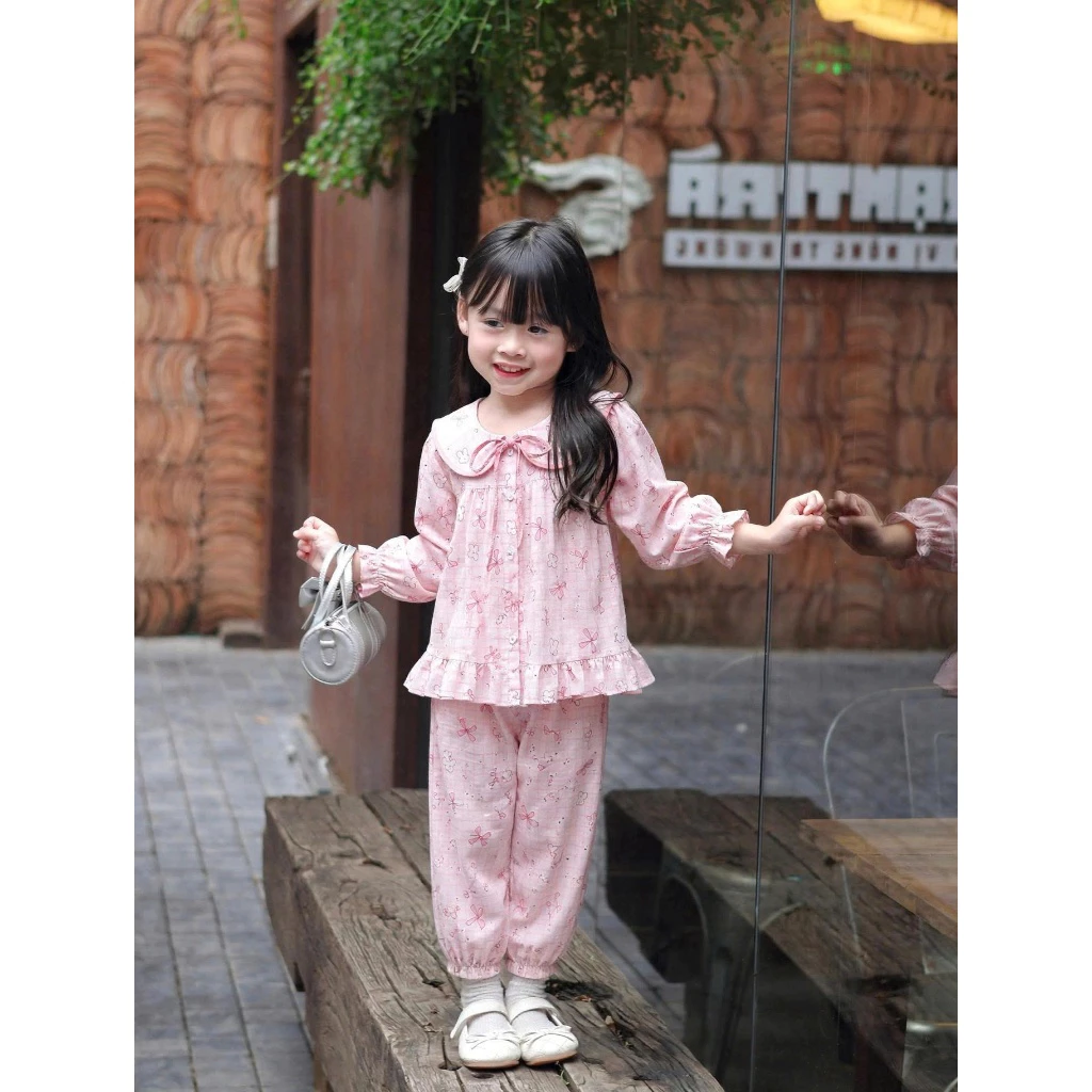 Bộ Pijama Bé Gái Dài Tay Chất Đũi Hàn Mềm Mát Thu Đông Size 2-8T
