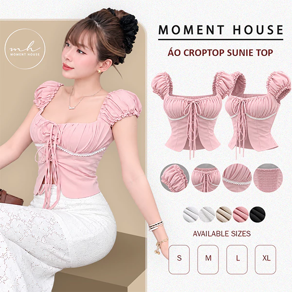 SUNIE TOP | Áo trễ vai MÀU TRƠN xẻ trước, chất linen mềm - phía sau có chun co dãn + có mút ngực, size SML