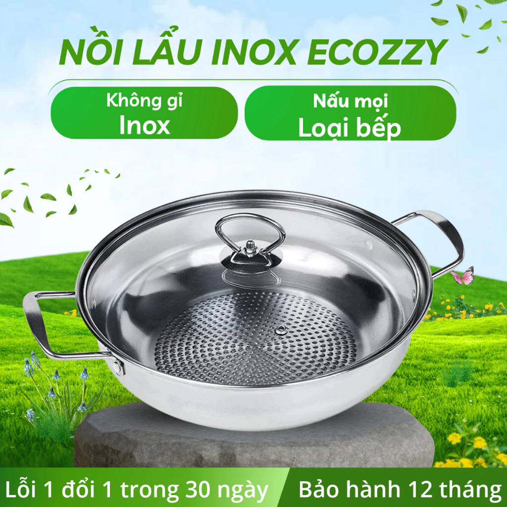 Nồi lẩu inox Ecozzy đáy từ size 30cm dùng trên mọi loại bếp, phù hợp ăn lẩu, xào nấu thực phẩm