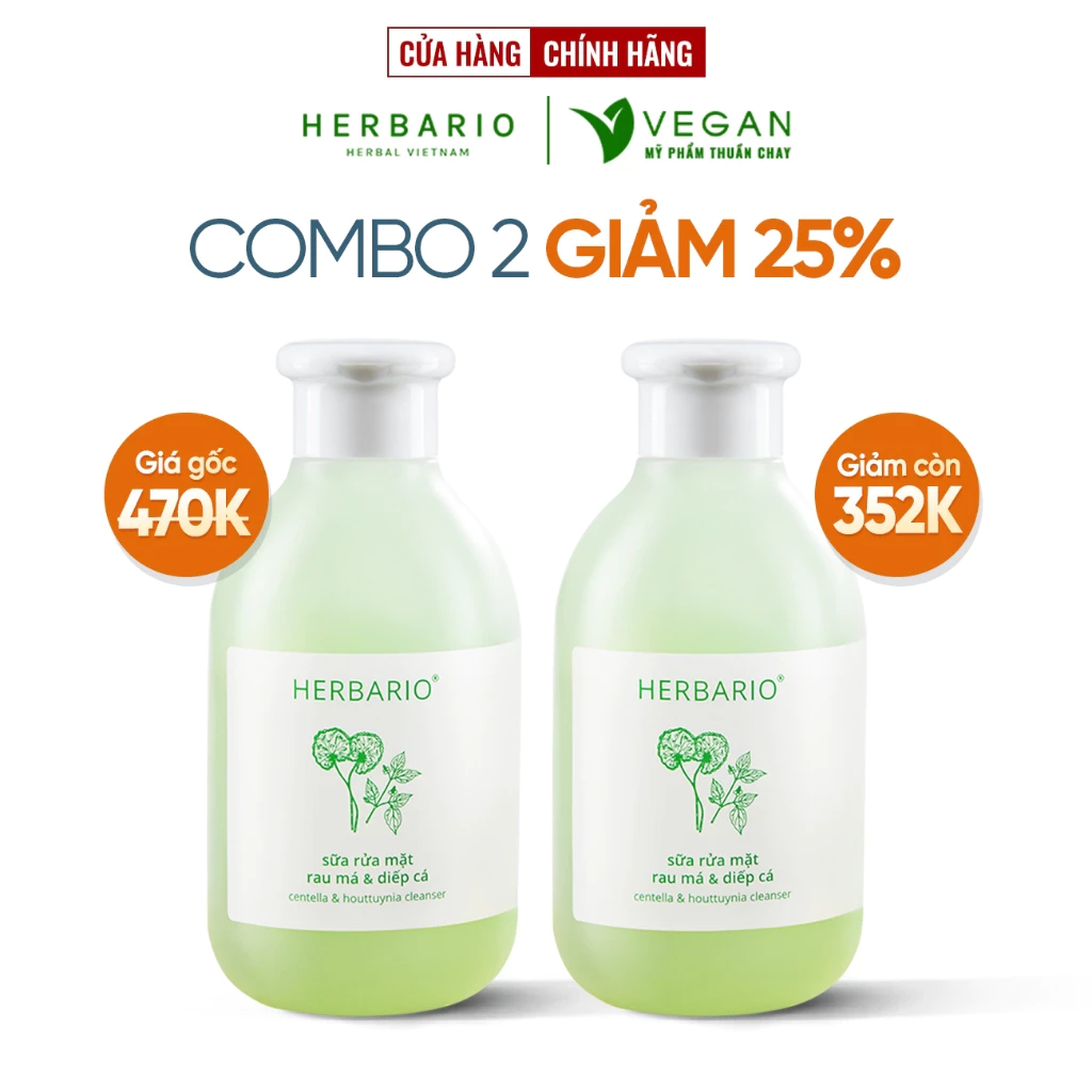 Sữa rửa mặt Rau má & Diếp cá herbario 200ml sạch mụn thuần chay