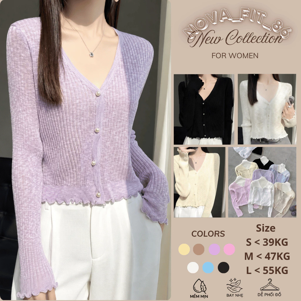 Áo Cardigan Len Nữ Cổ V Dệt Gân Cài Nút Ngọc Trai Dài Tay Form Ôm