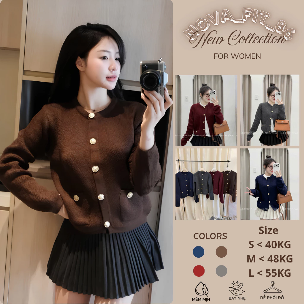 Áo Khoác Cardigan Nữ Dệt Kim Tay Dài Cổ Tròn Cài Cúc Phối Túi Phong Cách Thanh Lịch