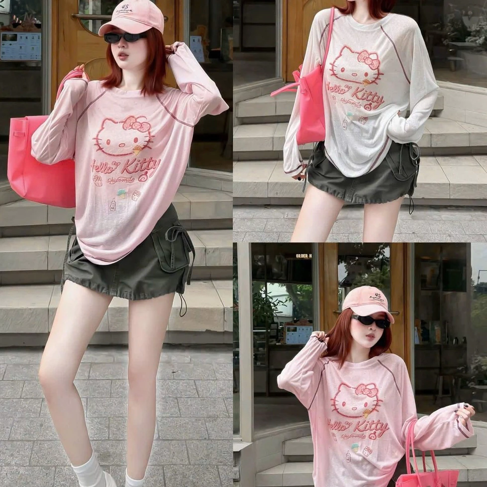 Áo Giấy Nữ Dài Tay Trễ Vai Hàn Quốc, Áo Thun Nữ Đẹp, Thun Giấy Form Rộng Mèo Kitty Cute