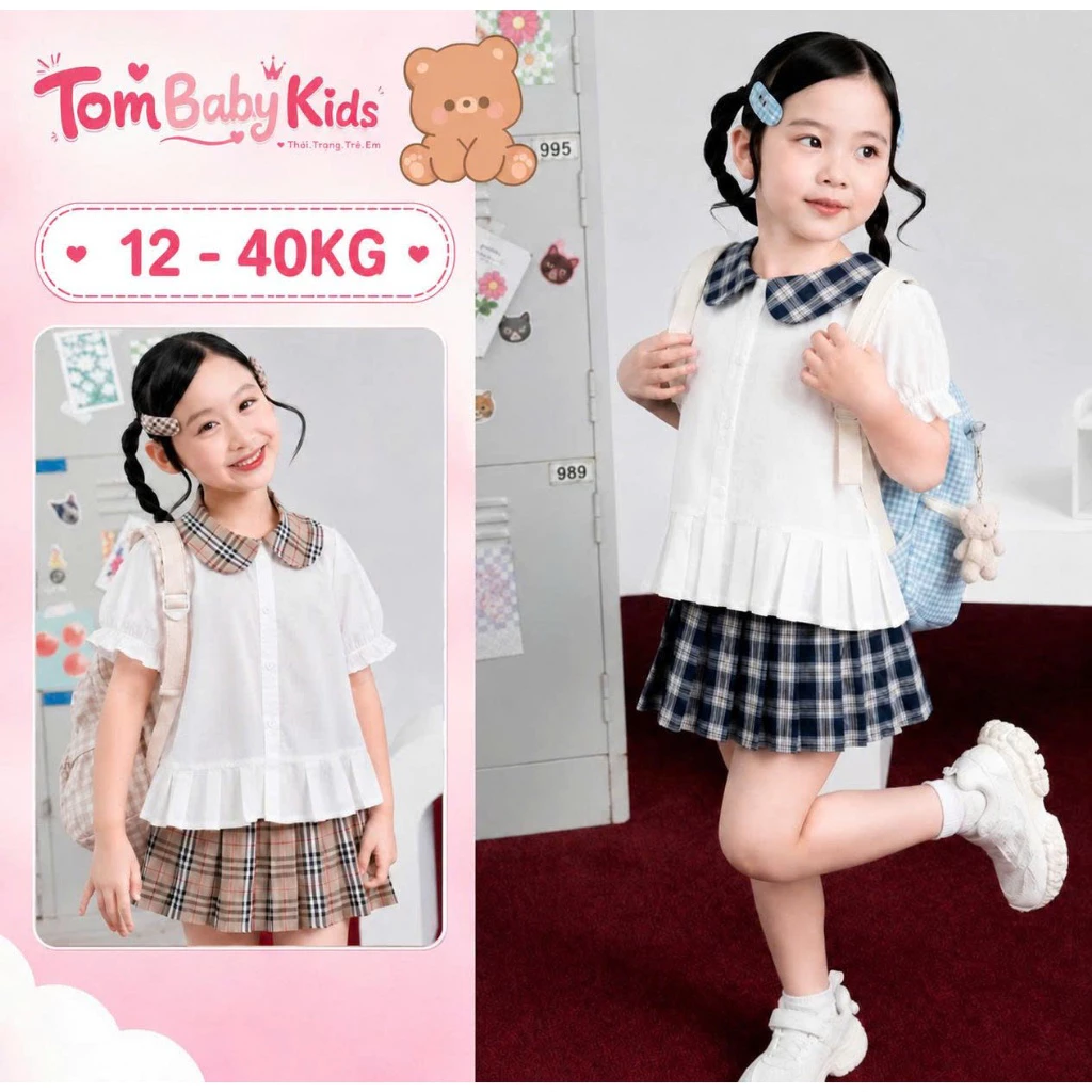 Set đồ đi học bé gái, bộ đồ bé gái áo cổ sen kẻ phối chân váy kẻ xinh xắn cho bé 18-40kg Tom Baby Kids [HS-155-HN]