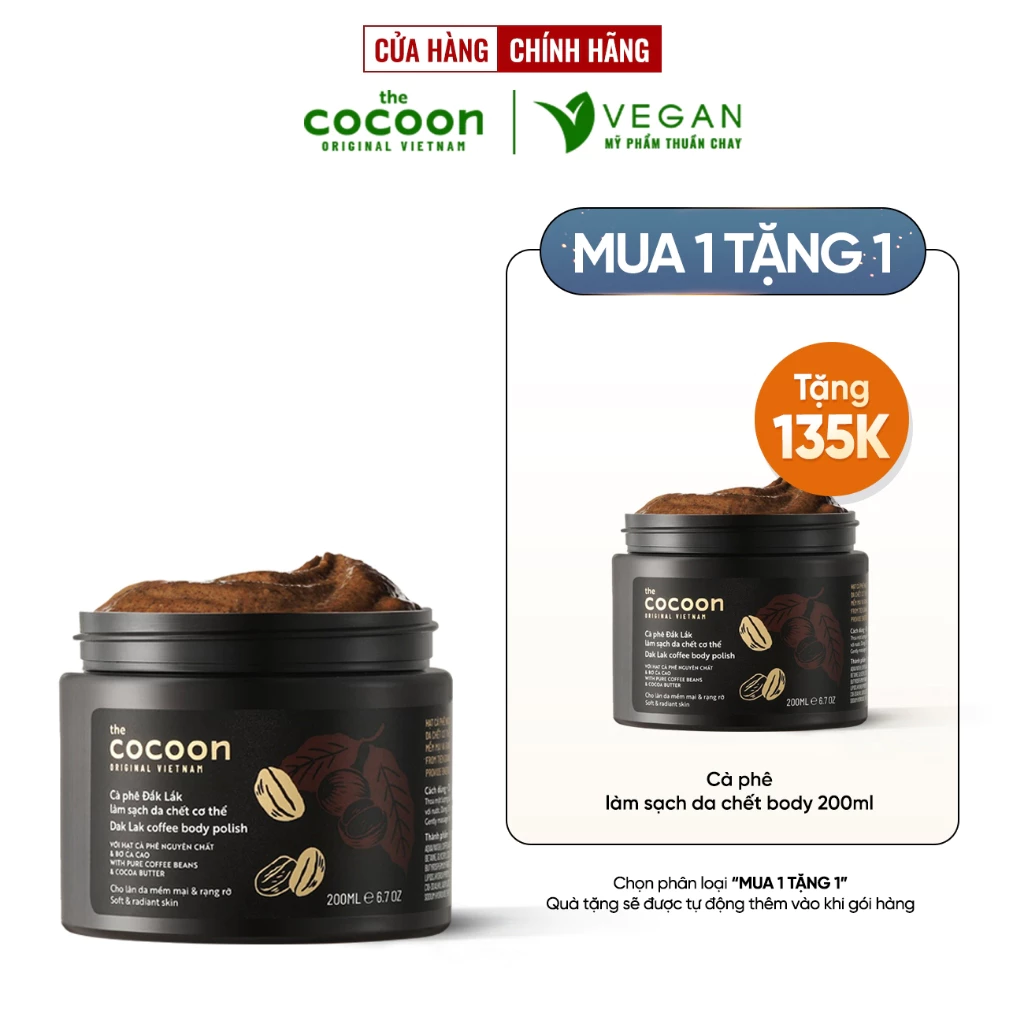 CÀ PHÊ ĐẮK LẮK LÀM SẠCH DA CHẾT CƠ THỂ THE COCOON VIỆT NAM 200ML VEGAN - Mỹ phẩm thuần chay