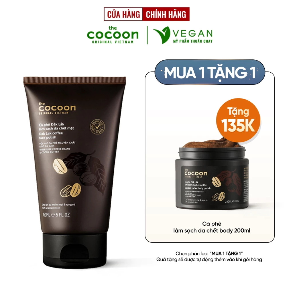Tẩy Tế Bào chết Cà phê Đắk Lắk làm sạch da chết mặt cocoon 150ml - VEGAN mỹ phẩm thuần chay