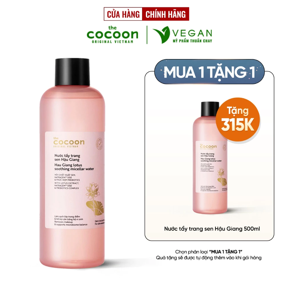 Nước tẩy trang sen Hậu Giang Sạch Bụi Siêu Mịn, Dịu Êm Cho Da Rất Nhạy Cảm Cocoon 500ml
