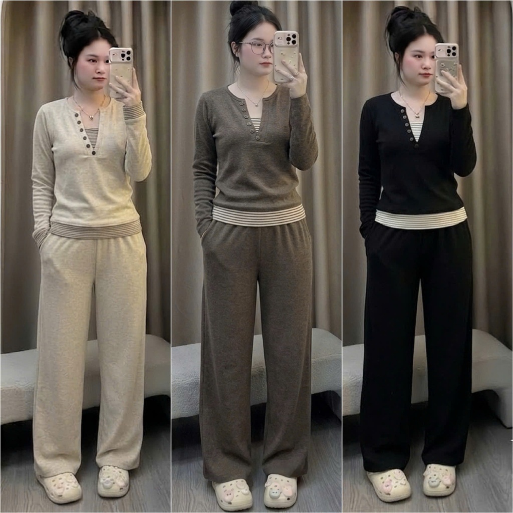HT92. [BỘ] Sét bộ áo phối kẻ nhiều cúc. Sét chất len lông thỏ mềm, dày áo dài…