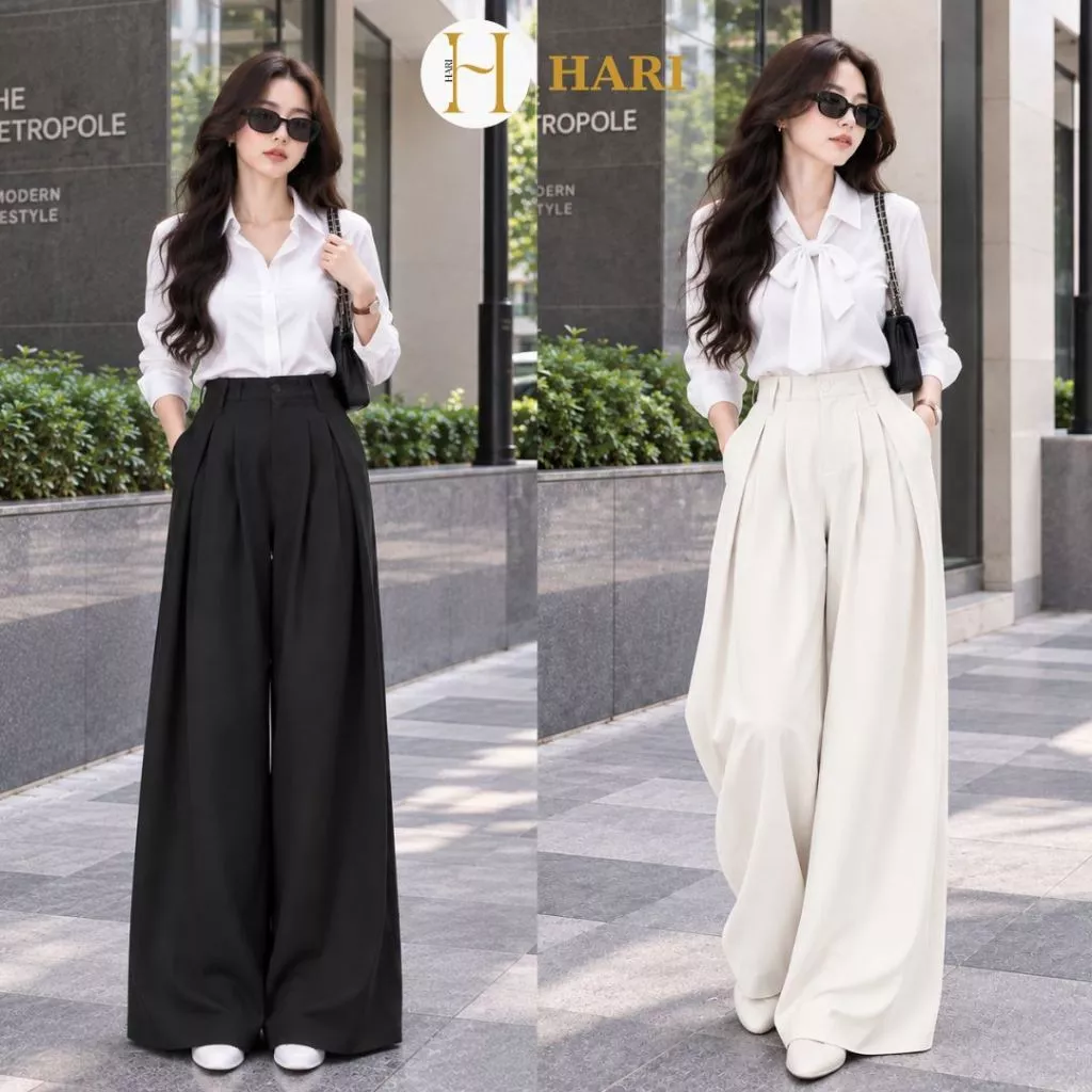 Quần Tây Nữ Hari Ống Rộng Xếp Ly Trước Cạp Cao Sang Trọng Đi Làm Đi Học