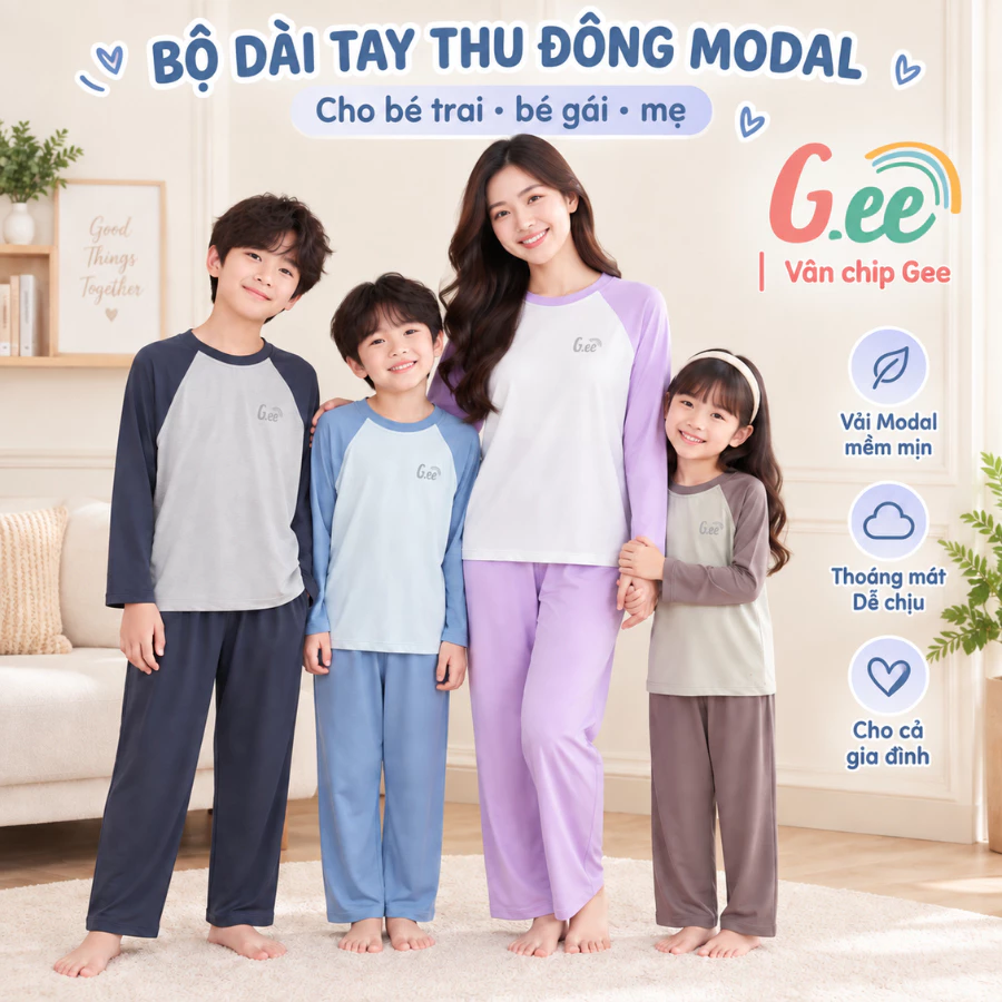 Bộ thu đông dài tay bé trai, bộ thu đông dài tay bé gái Gee vải gỗ sồi mềm mại thoáng mát size 1 đến 15 tuổi