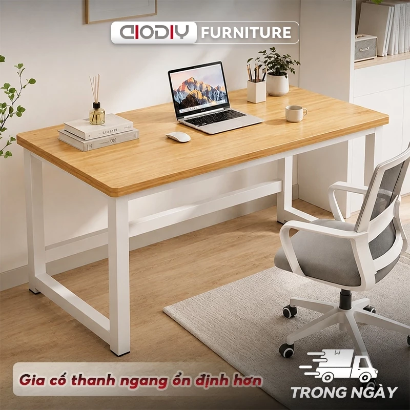 AIODIY Bàn làm việc khung thép chắc chắn, mặt gỗ MDF, 80/120/140cm, dễ lắp ráp, bàn học văn phòng