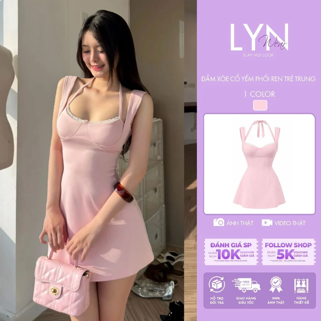 | LYN WEAR | Đầm Cổ Yếm Dáng Xoè Phối Ren Tôn Dáng Nữ Dáng Ôm Thời Trang Hồng Pastel