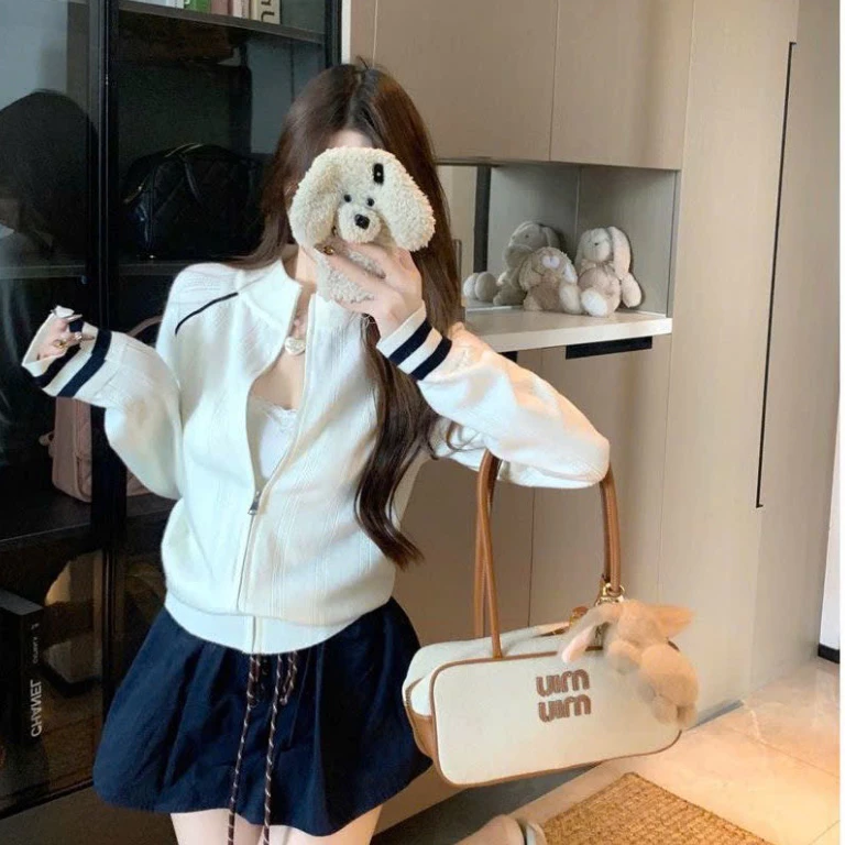 Áo khoác len Miuna cổ đứng, Áo len dệt kim dáng thể thao phong cách Hàn Quốc AK08