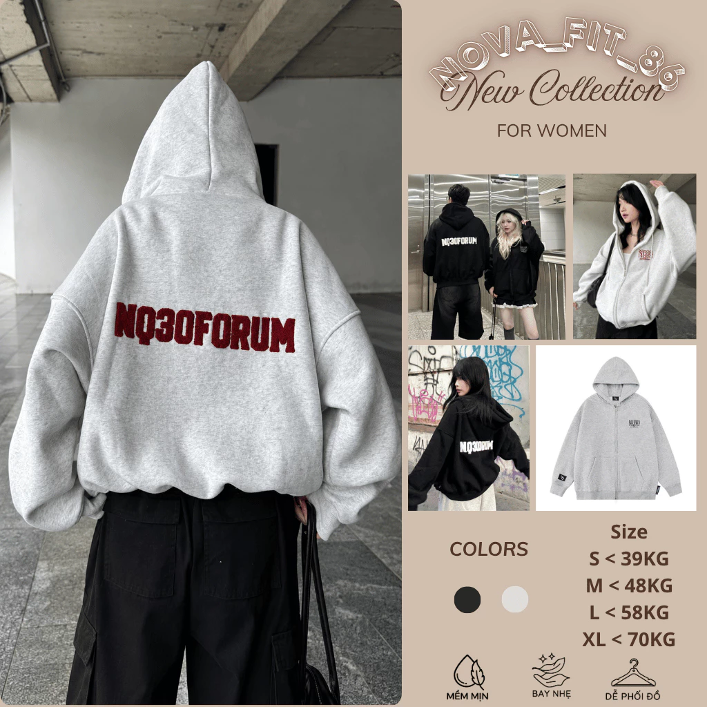 Áo Nữ  Khoác Hoodie Zip COTTON Chất nỉ bông Cotton Mềm Mịn Dày Dặn Thêu Xù NQ30 MISO Form Boxy