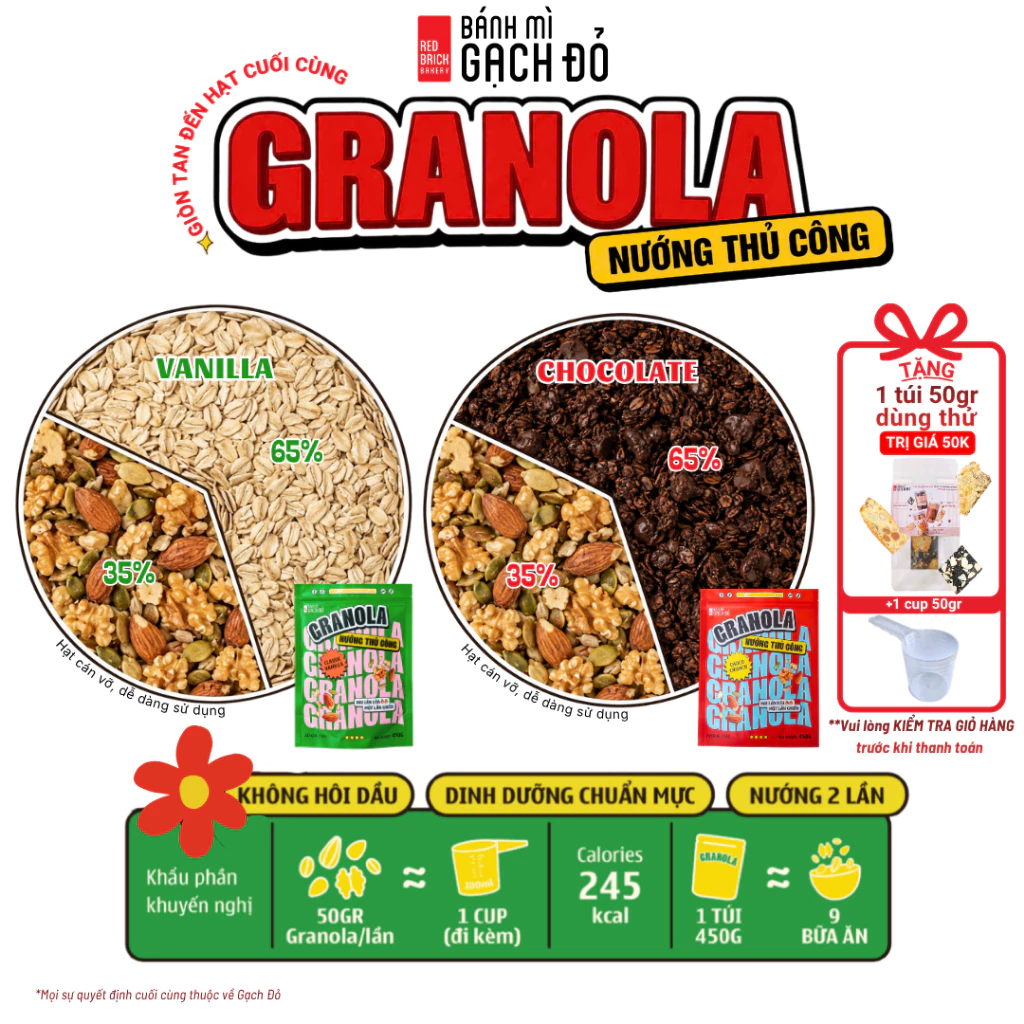 (MỚI) Granola 450gr Nướng Hai Lần Thương Hiệu Gạch Đỏ, dinh dưỡng, ít ngọt, hạt ngũ cốc lành mạnh