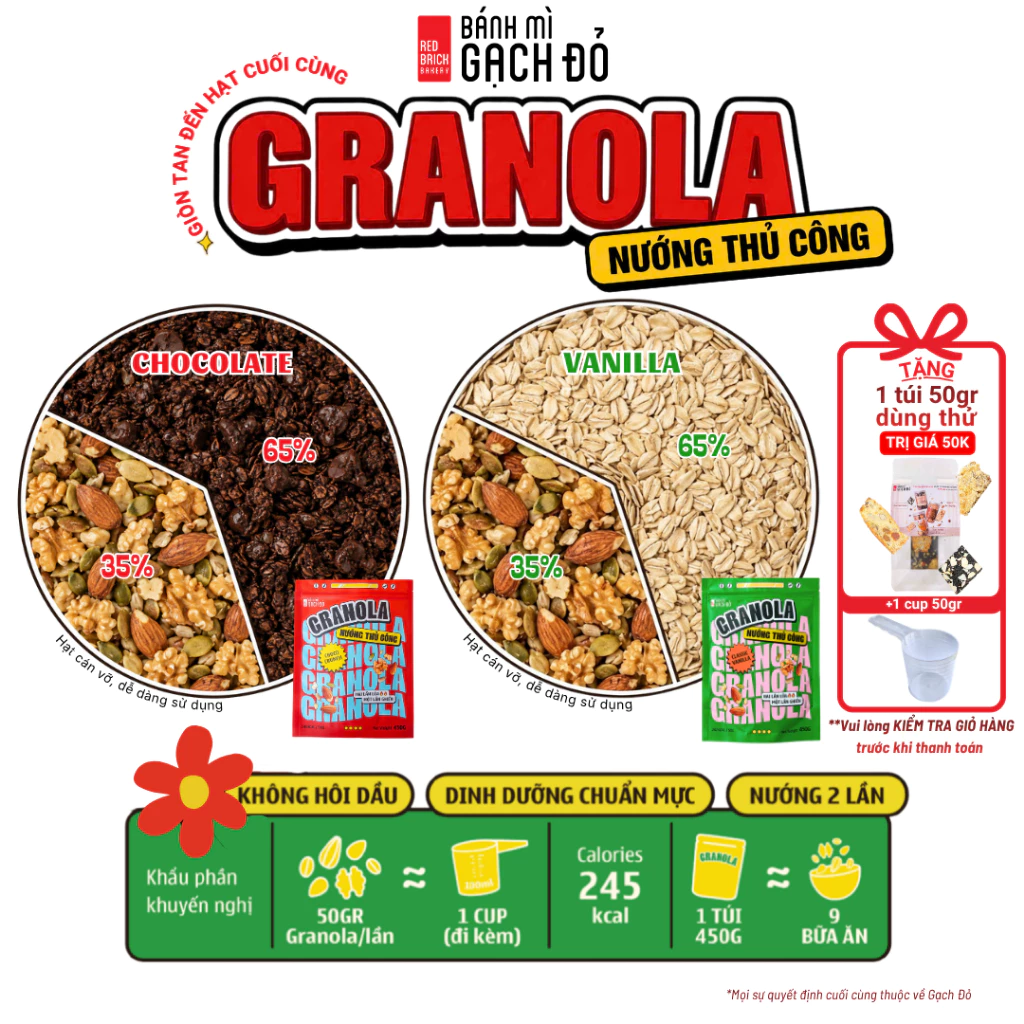 (Mới) Granola 450gr Thương Hiệu Gạch Đỏ Nướng Thủ Công 2 Lần Lửa - Dinh Dưỡng Chuẩn Mức, Lành Mạnh