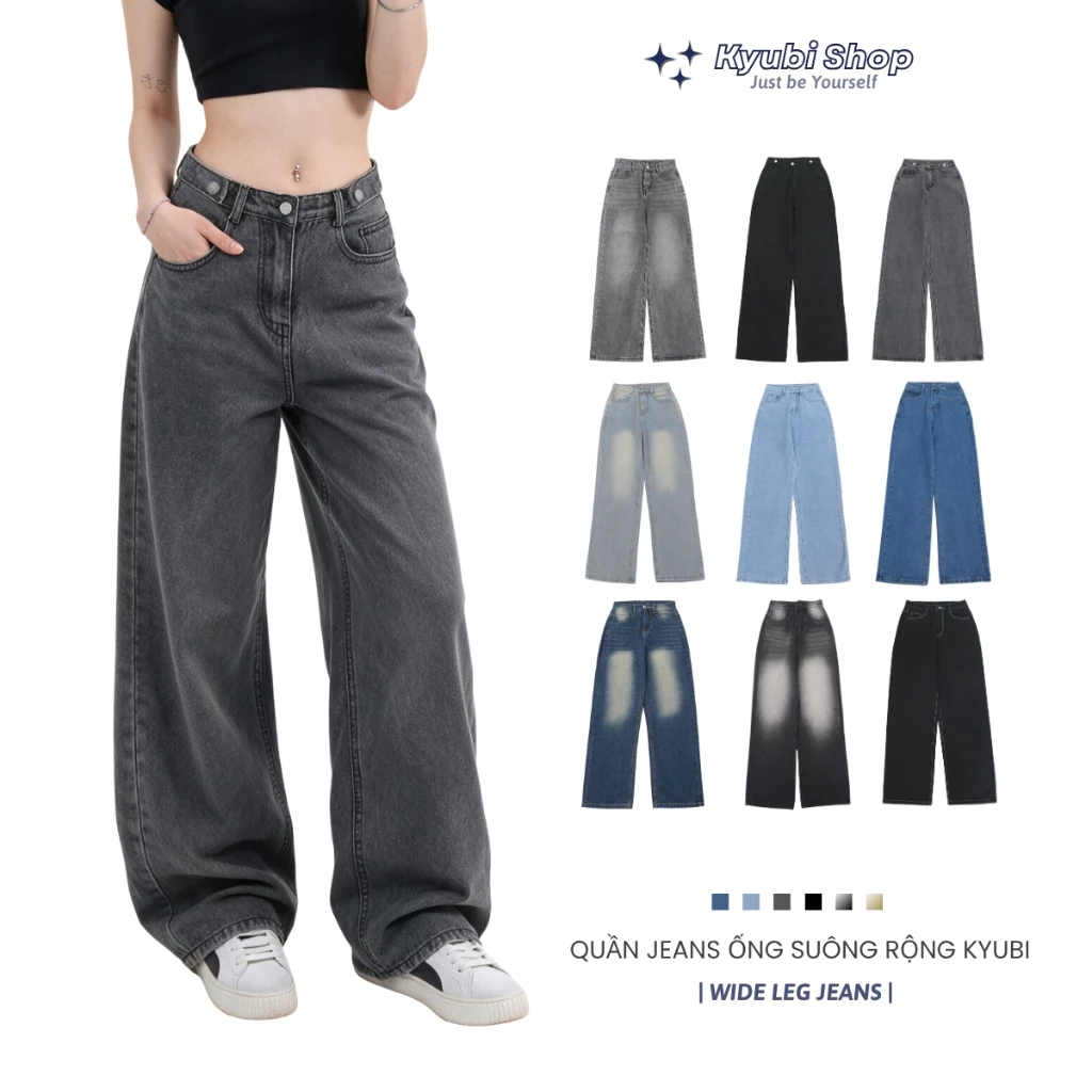 Quần jean nữ ống rộng đen xám phong cách Ulzzang School (Có Bigsize) - Quần jeans baggy suông Kyubi JC25