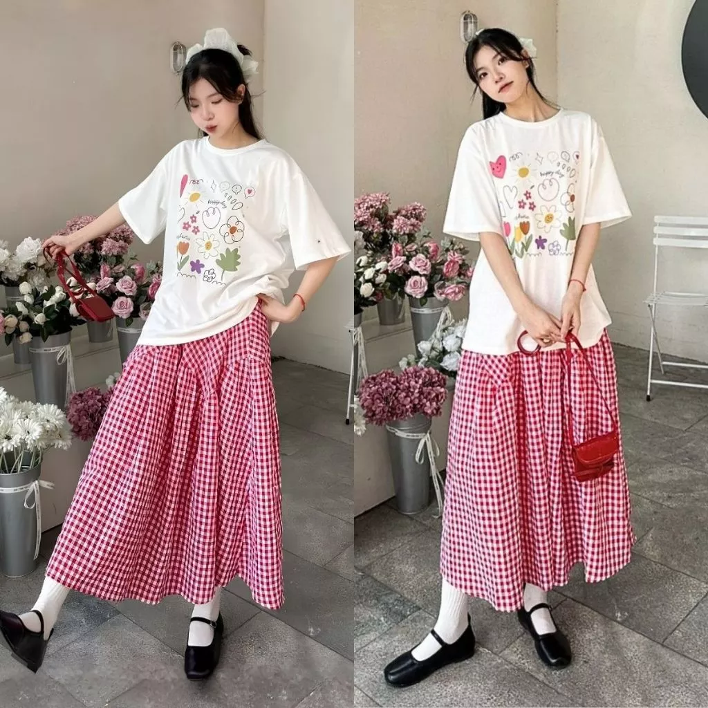 Chân váy kẻ caro midi dáng xòe 2 lớp, váy dáng dài cạp chun Renee Store - V0110